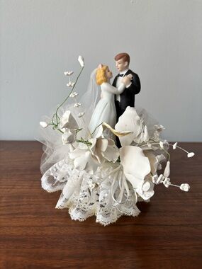 Vintage 50s 60s Bisque Wedding Cake Topper Tulle Plastic Base 7”